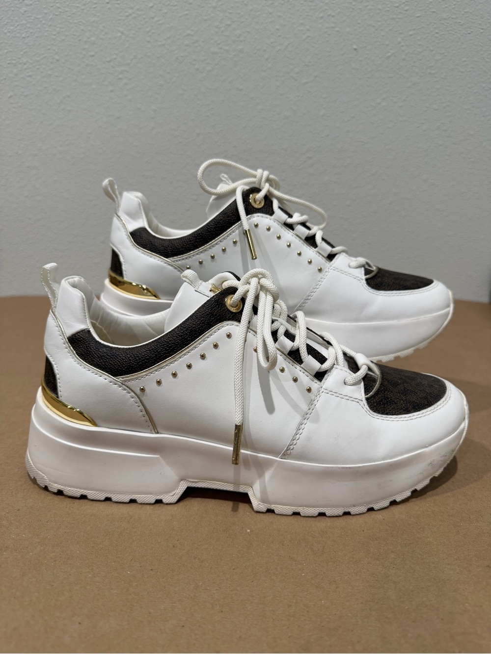Michael Kors White Brown MK Logo Monogram Chunky Sneakers Gold Studs – Women’s 8